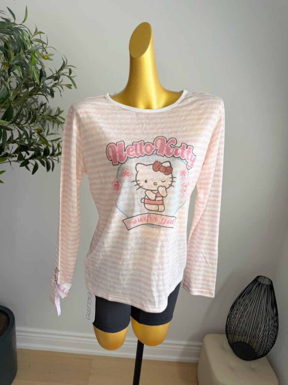 Hello Kitty Pink Stripe Sheer Long Sleeve Top Bow Kawaii Y2K